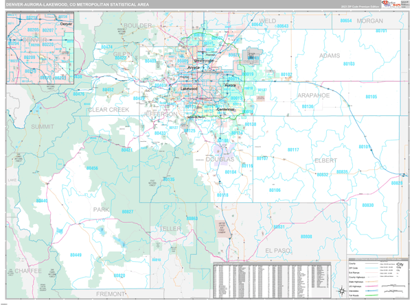 Denver-Aurora-Lakewood Metro Area Wall Map Premium Style